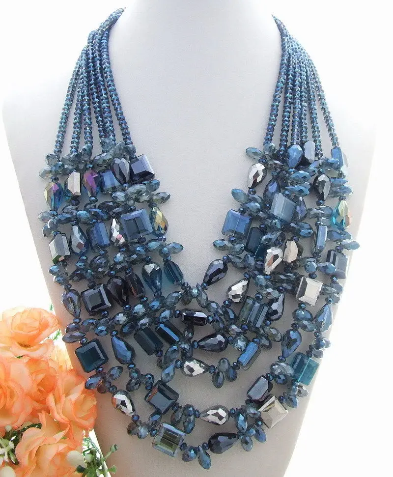 

19.5" 6Strds Multi Shape Blue Crystal Necklace