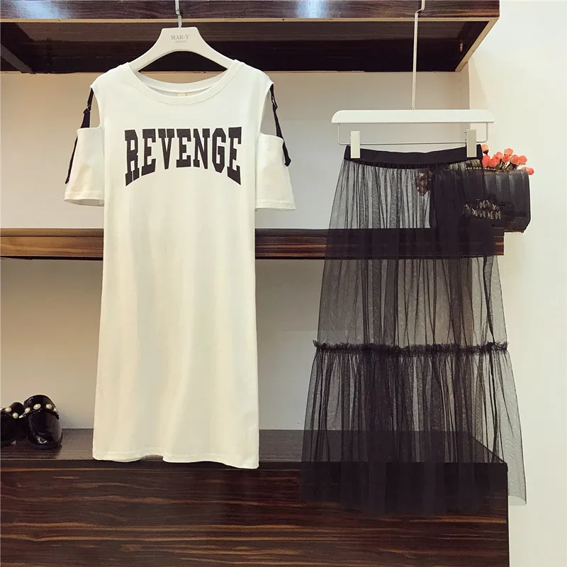 Комплект из 2 предметов, лето 2019, Женская хлопковая длинная футболка без бретелек + сетчатая Прозрачная Юбка, комплекты для женщин, модная