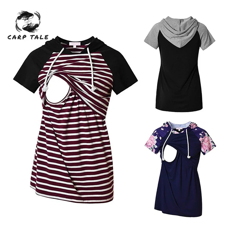

Striped Cotton Maternity Hoodies Women Breastfeeding Nursing Pregnancy Hoodie Womens Summer short sleeve Leisure Clothing