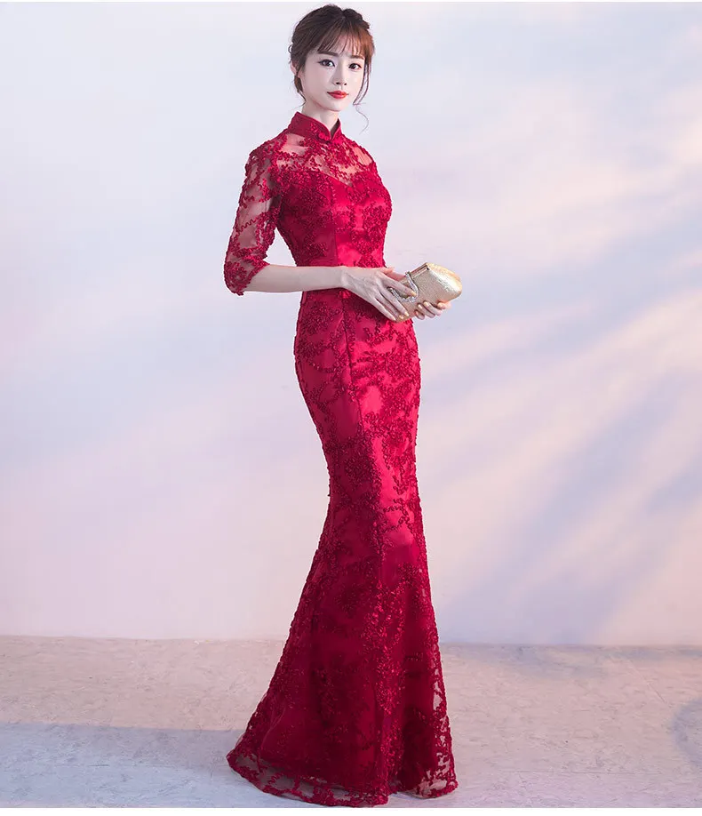 Кружева Cheongsam сексуальное длинное Qipao красное свадебное платье русалки Женские китайские традиционные платья Женская Роба в восточном стиле с кружевным воротником