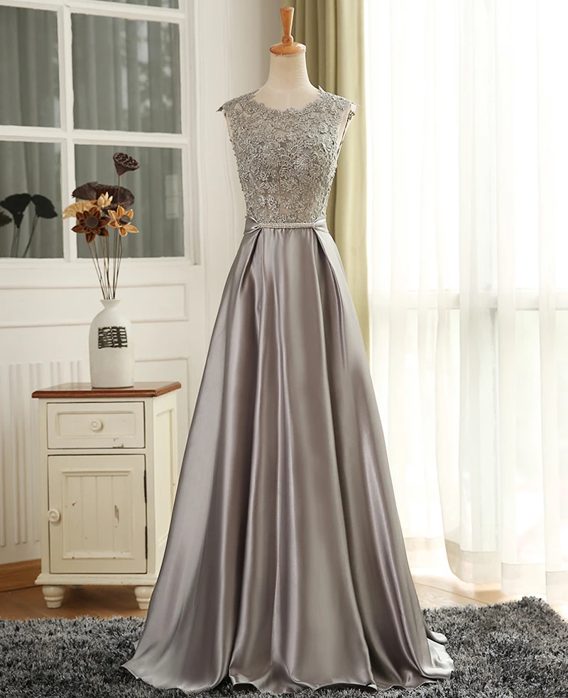 

Grey Bow Lace Backless A Line Long Satin Evening Dresses 2018 Embroidery Sleeveless Floor Length Formal Evening Dress