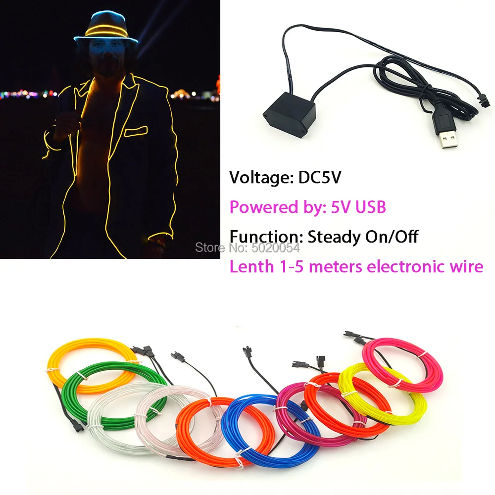 

1.3mm Wedding Party Decor Neon car Lights Dance Glow Costume DIY Flexible EL Wire lamps Rope Tube With 5VUSB Controller