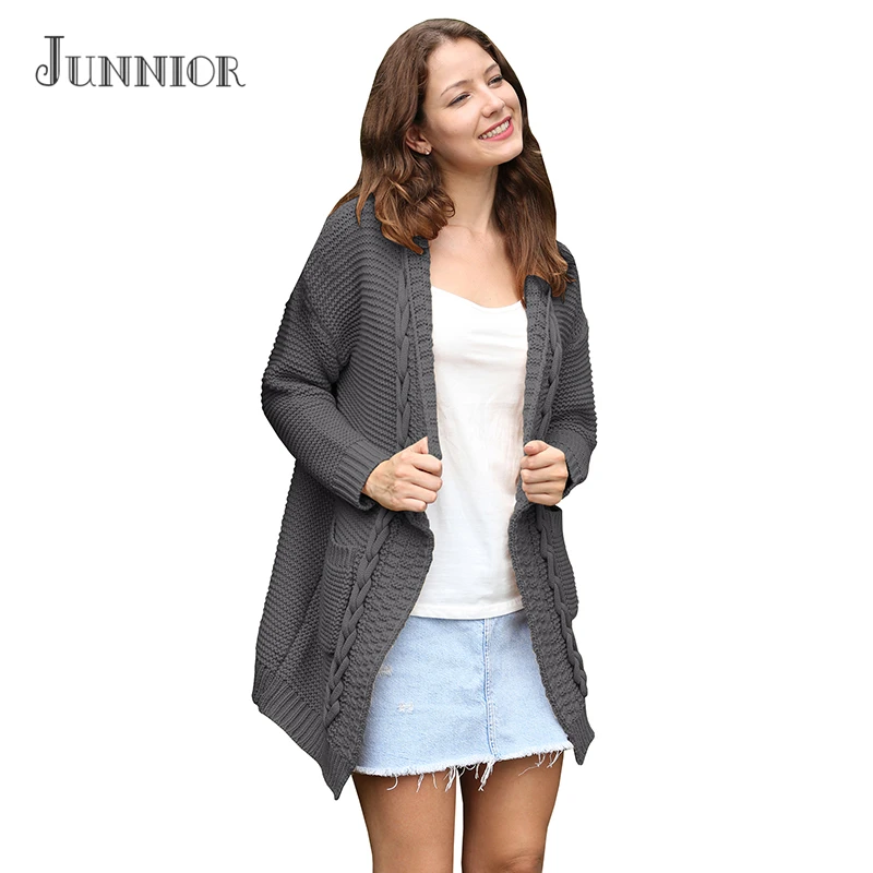 JUNNIOR 2018 New Arrival Cardigan Women Pockets Patchwork Sweaters Long Sleeve Casual Loose Knitted Sweater Sweaters