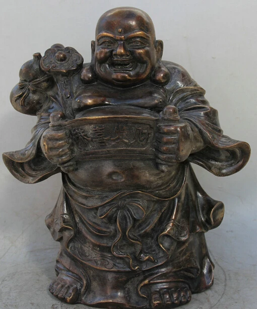 

JP S62 16" China Bronze Stand Ru Yi cucurbit Wealth Happy Laugh Maitreya Buddha Statue (B0328)