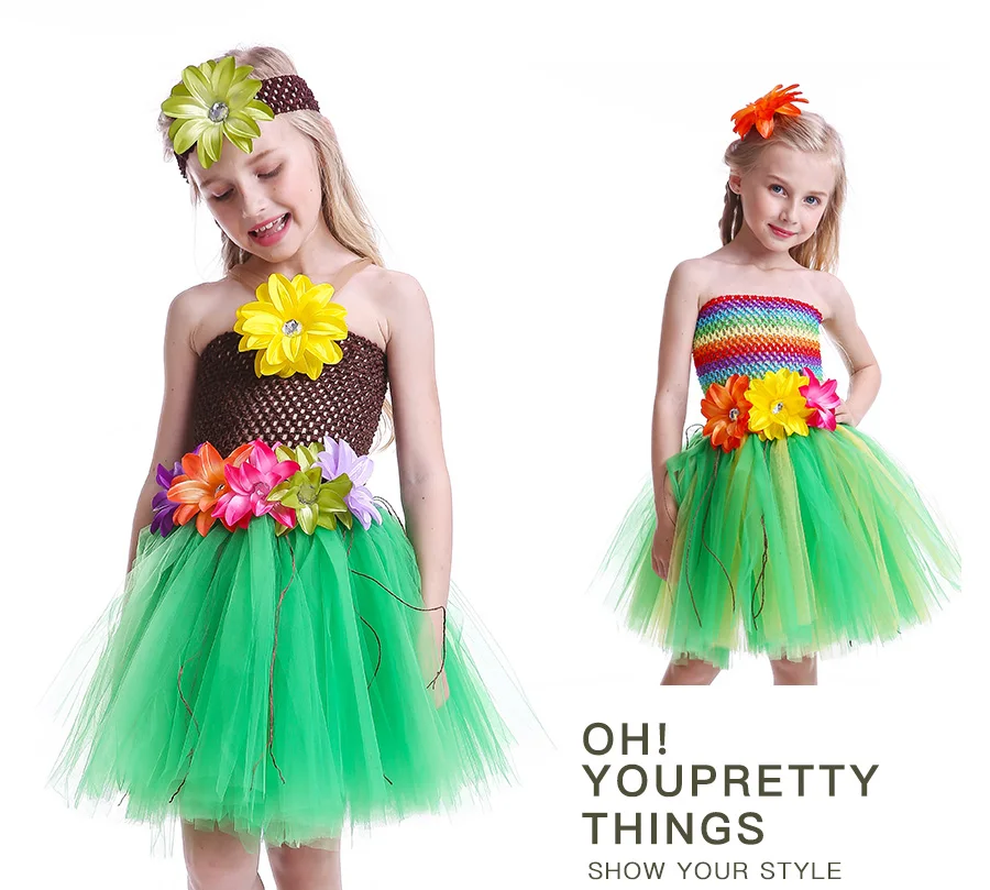 Lily Flowers Girls Grass Hula Tutu Dress with Headband Kids Luau Petti Tutu Birthday Outfit Children Halloween Dress Up (18)