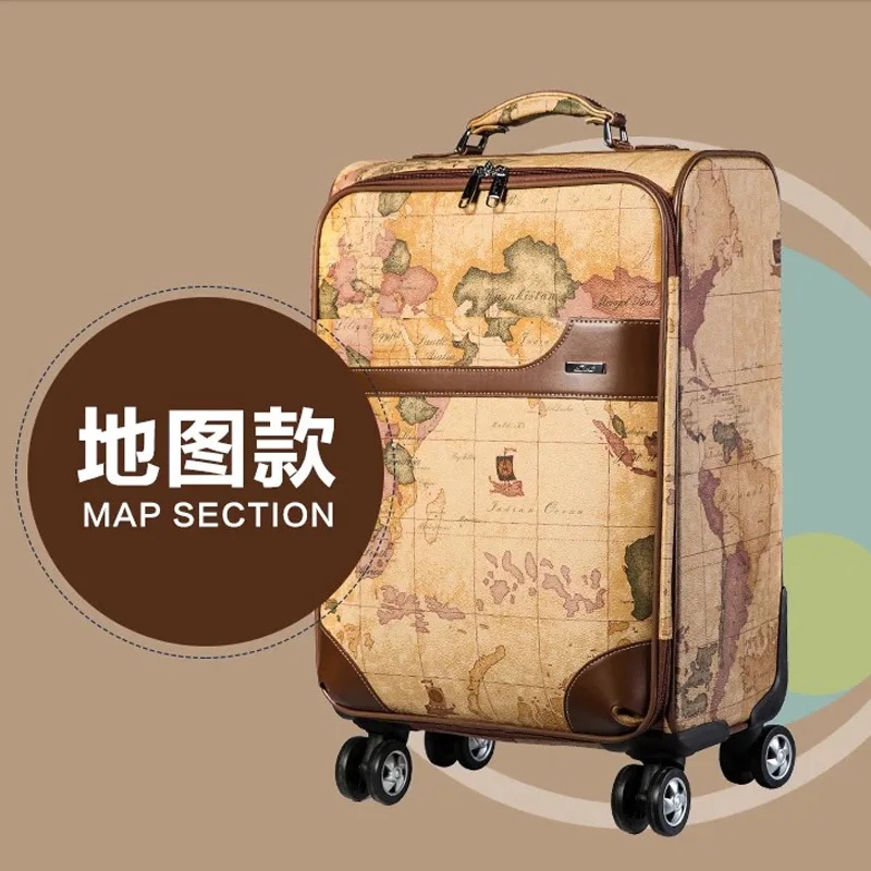 Women 's Retro map luggage series 20/24 inch PU Rolling Luggage Spinner brand Men Business Travel Bag Trolley Suitcase on wheels