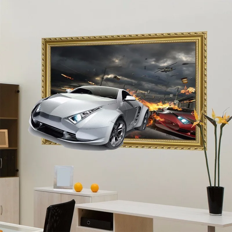 3D Dynamic Car Pattern Wall Sticker Self adhesive Wallpaper Creative
