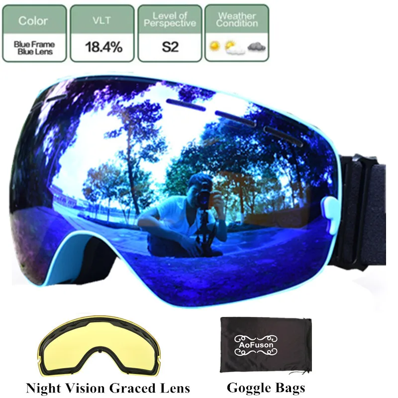 Брендовые лыжные очки для сноуборда с желтыми линзами ночного видения двухслойные противотуманные сферические маски большого видения зимние лыжные очки - Цвет: Blue frame