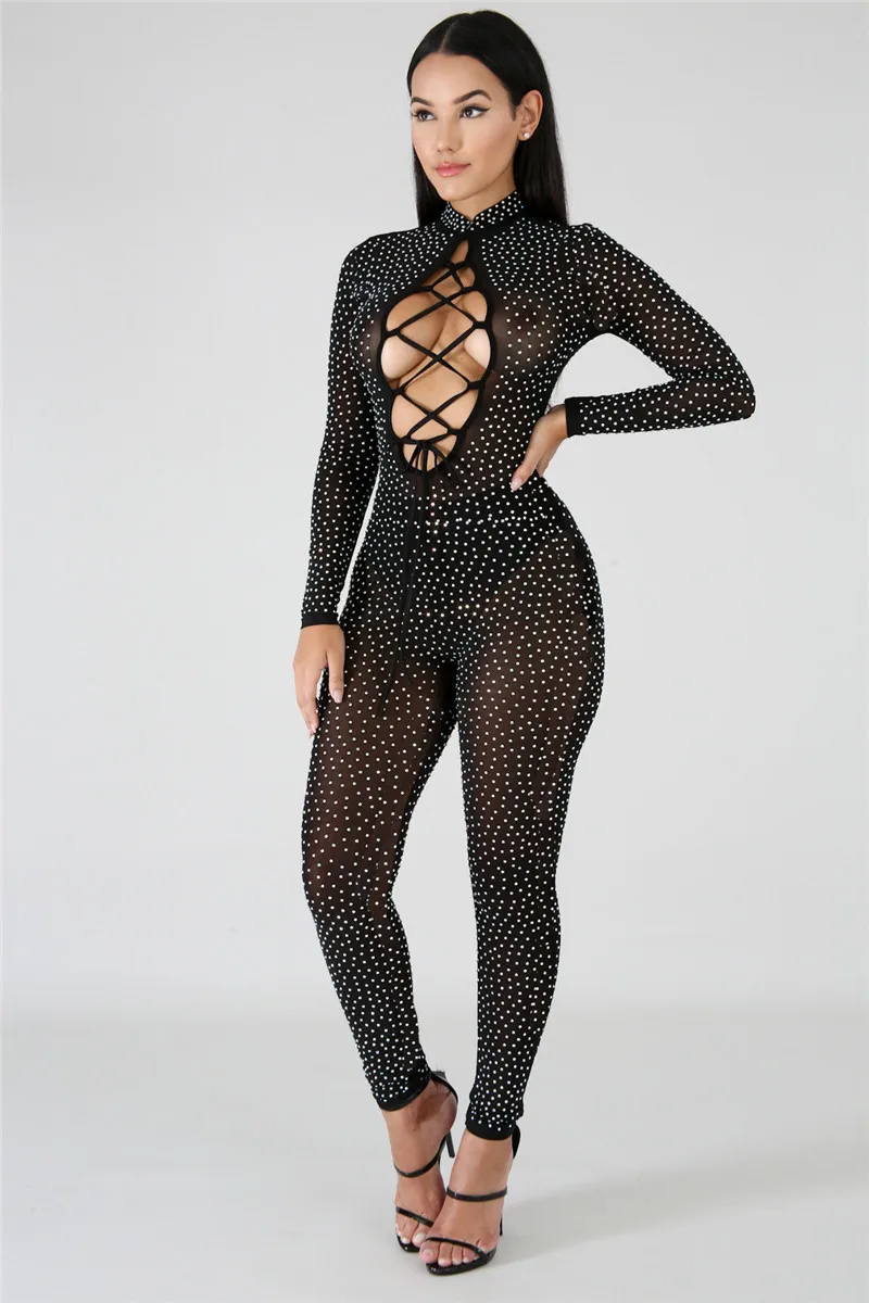 Adogirl Diamonds Sheer Mesh Jumpsuit Women Sexy Rompers Hollow Out Lace