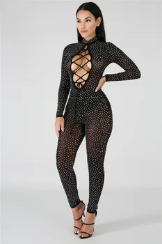 

Adogirl Diamonds Sheer Mesh Jumpsuit Women Sexy Rompers Hollow Out Lace Up Turtleneck Long Sleeve Bodysuit Club Party Outfits