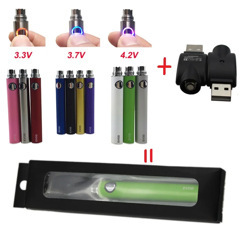 

10pcs/lot EVO 3.3V 3.7V 4.2V Variable Voltage battery with USB charger packing 650mAh 900mAh eGo e cigarettes for MT3 CE4 CE5