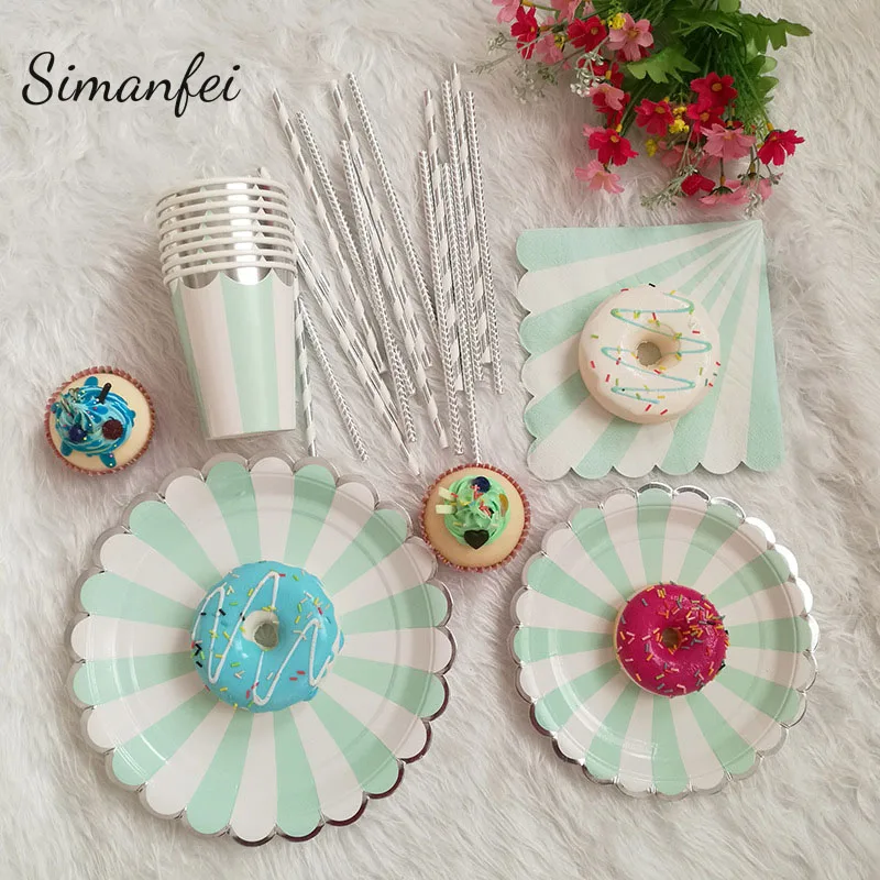 

Simanfei Disposable Tableware Set 2019 Gilding Green Striped Paper Plates Cups Napkins Party Wedding Carnival Tableware Supplies