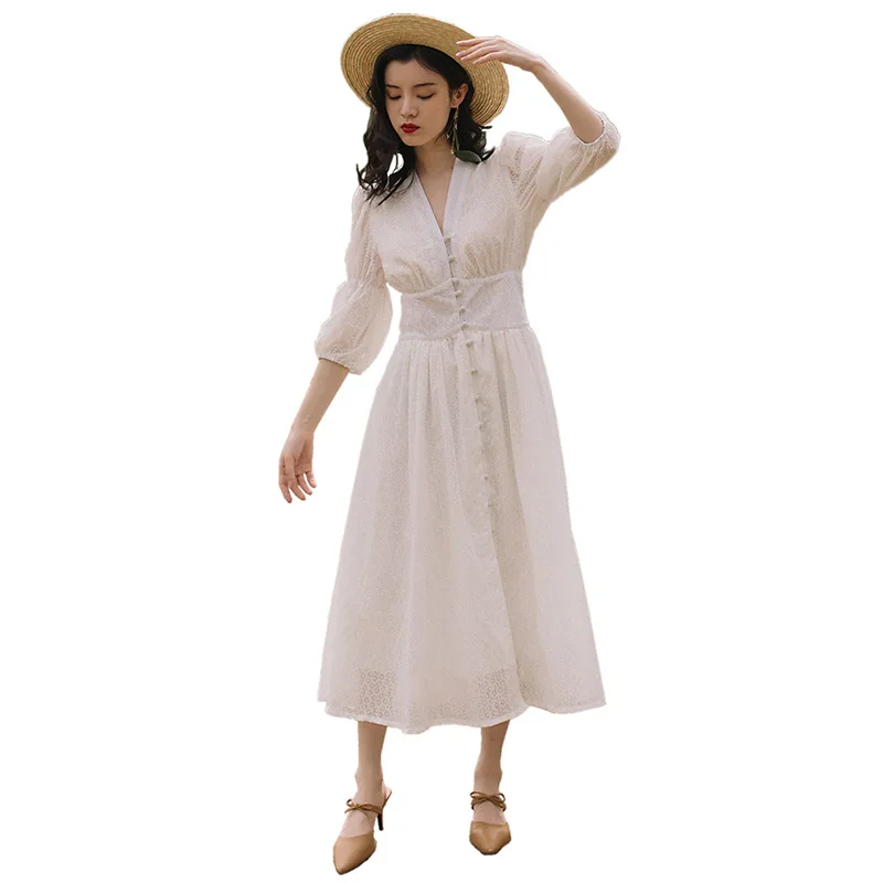 Ubei французский суд винтажное платье модное пышные рукава сказочное белое платье женское с v-образным вырезом длинное платье - Цвет: White