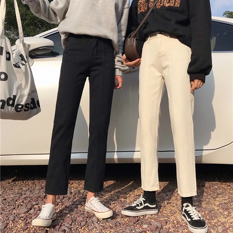 Для женщин S джинсы для femme 2019 nouveau Осень Зима Жан тонкий высокая талия Свободные девять черный прямые брюки девочек