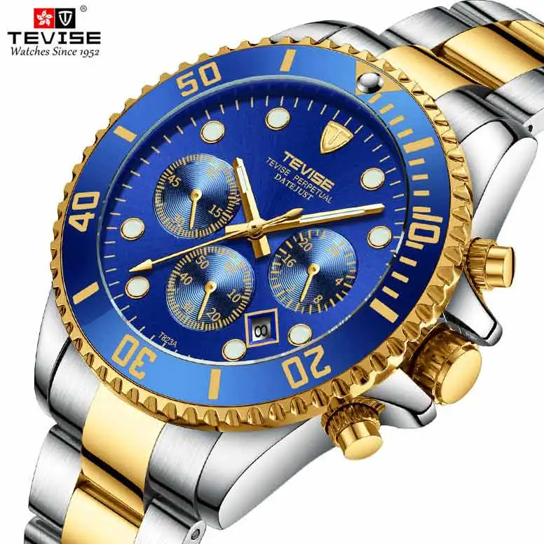 

TEVISE Quartz Men's Watch Luxury Automatic Date Male Wristwatch Fashion Gold Blue Stainless Steel Clock Relogio Masculino T823A