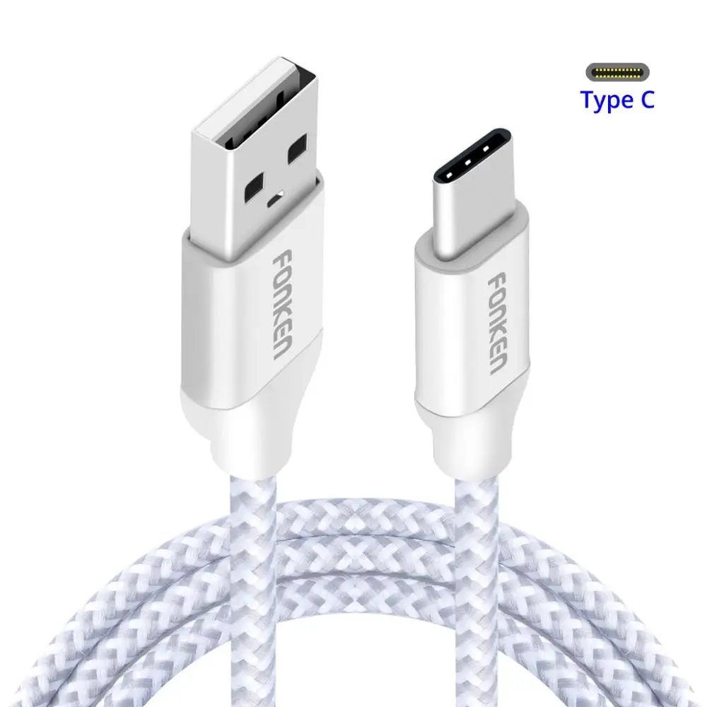 Кабель FONKEN с нейлоновой оплеткой type-C к USB кабель быстрого зарядного устройства 2128AWG 2.4A Быстрая зарядка данных Реверсивный USB C кабель для телефона - Цвет: White Type C