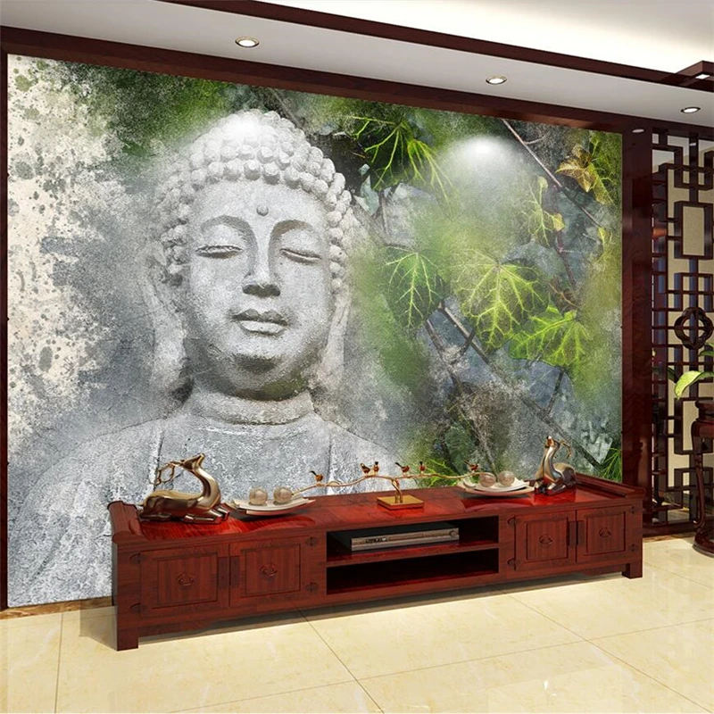 

Beibehang Custom wallpaper hand-painted Buddha head ginkgo leaves living room wall custom large mural green wallpaper mural
