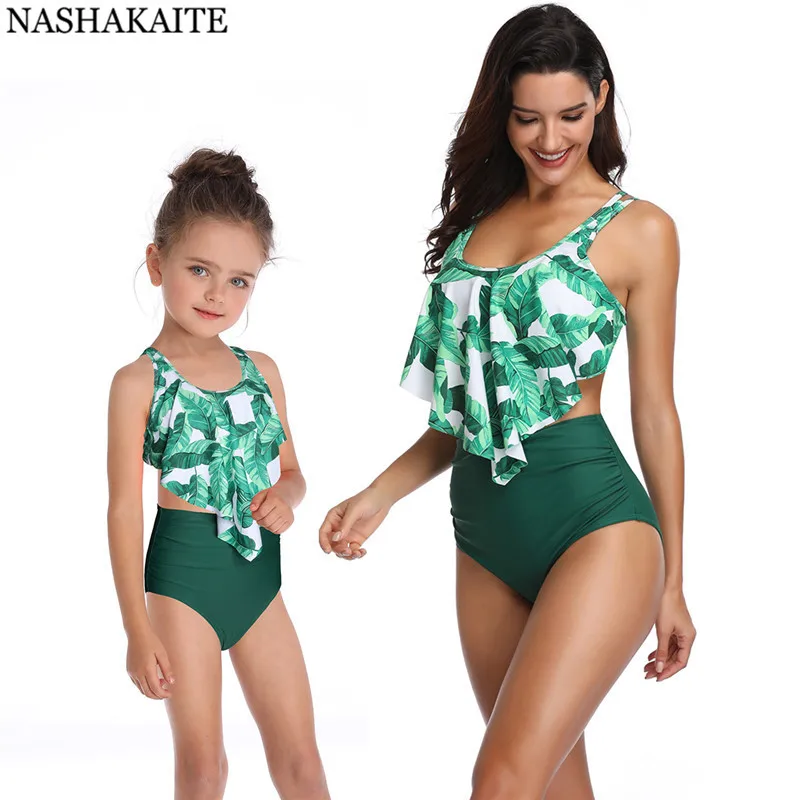 NASHAKAITE/купальный костюм для мамы и дочки; Летний Пляжный комплект бикини; купальник с оборками и принтом для мамы и дочки; Семейный комплект купальников