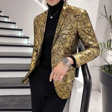 Роскошный Золотой блейзер для мужчин, приталенный мужской блейзер с цветочным принтом, пиджак в британском стиле, вечерние блейзеры для выпускного, свадьбы, большие размеры 5XL