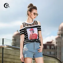 OUYALIN L-3XL 4XL 5XL плюс Размер Женская летняя футболка Топы Off the shouder кружевная черная полосатая хлопковая Футболка с пайетками