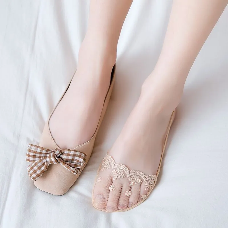 Летние кружевные носки-Башмачки из силикагеля для женщин и девочек; невидимые Нескользящие тапочки с хлопковой подошвой; нескользящие носки; 1 пара = 2 шт.; ws195