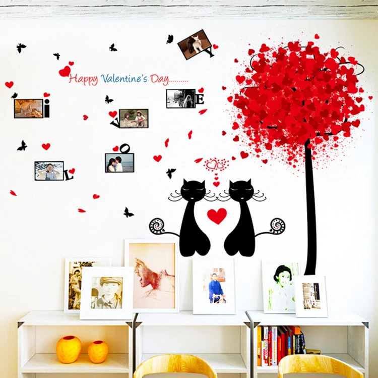 Us 6 59 Cute Couple Cats Red Tree Large Wall Stickers Home Decor Living Room Bedroom Art Decals Wallpaper Removable In Wall Stickers From Home