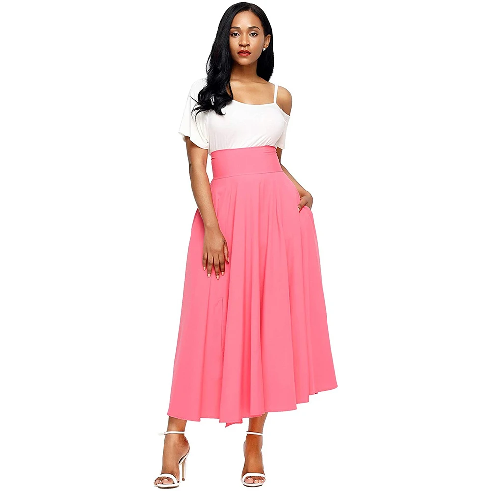 

2018 Autumn Long Skirt With Pocket High Quality Solid Ankle-Length Vintage Pink Skirt For Women Black Long Skirt