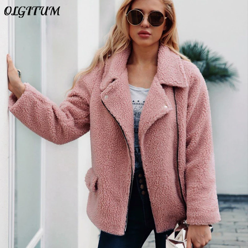 

OLGITUM New Warm Ladies Fake Fur Coat Fluffy Thick Female Jacket Tops Women Popular Fur Furry Fur Coat Diagonal Zipper Casual