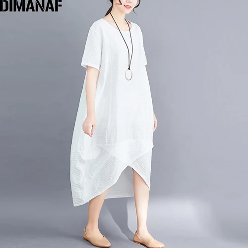 Женское платье из хлопчатобумажной ткани DIMANAF, винтажный длинный сарафан свободного покроя и однотонной расцветки, летнее платье большого размера - Цвет: Yi96593CN-bai