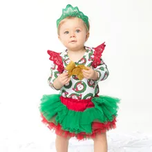 Новая стильная Рождественская одежда для младенца, милый комплект для девочек, комбинезон с длинными рукавами с Санта-Клаусом+ юбка-пачка, юбка-брюки+ повязка-корона