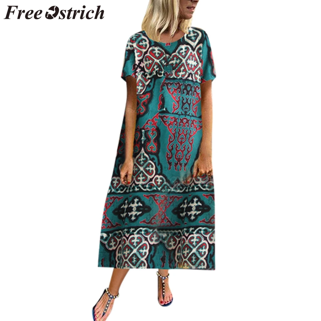 

FREE OSTRICH Women Dress Vintage Print Loose European And American Style O-Neck Dignified New Fashion Women Long Dress Summer