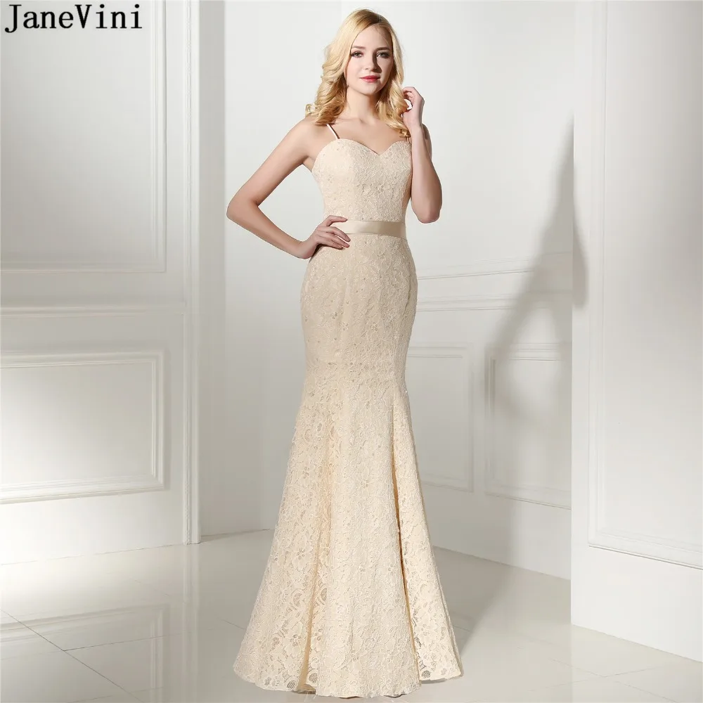 

JaneVini Graceful Champagne Lace Long Bridesmaid Dresses Spaghetti Straps Sequined Button Back Mermaid Women Formal Prom Gowns