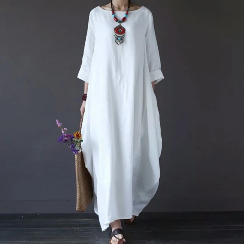 

Women's Plus Size Cotton Linen Maxi Dress Casual Solid O-Neck Robe Vestidos Mujer 2019 Summer Autumn Oversize Female Dresses