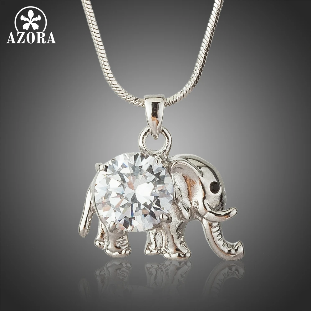 

AZORA New Collection Big Round Cut Clear Cubic Zirconia Cute Elephant Pendant Necklaces Women Silver Color Jewelry TN0237