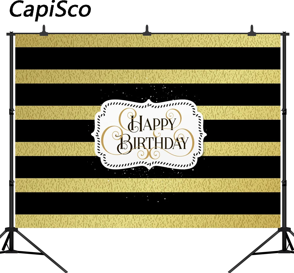 

Capisco Happy Birthday party Golden Black Stripes Photography Backdrop Vinyl children Photo Background Studio Prop