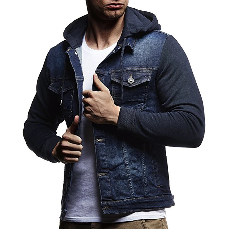 Spring Fashion Mens Denim Jacket Knitted Sleeves Stitching Hooded Jeans Coats Casual Men Solid Color Outwear Top