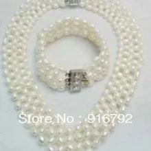Красивая 5 Ряда Настоящее Белый Жемчуг Ручной вязки Ожерелье Браслет(C0322