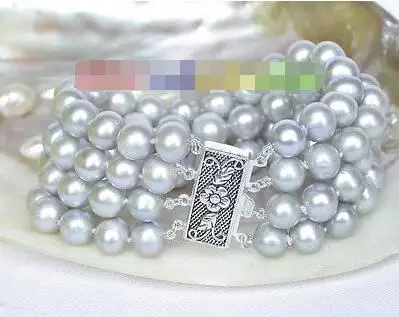 

Free Shipping >> new hot Genuine 8" 10mm 4row round Gray freshwater pearl bracelet 925 silver clasp j7910