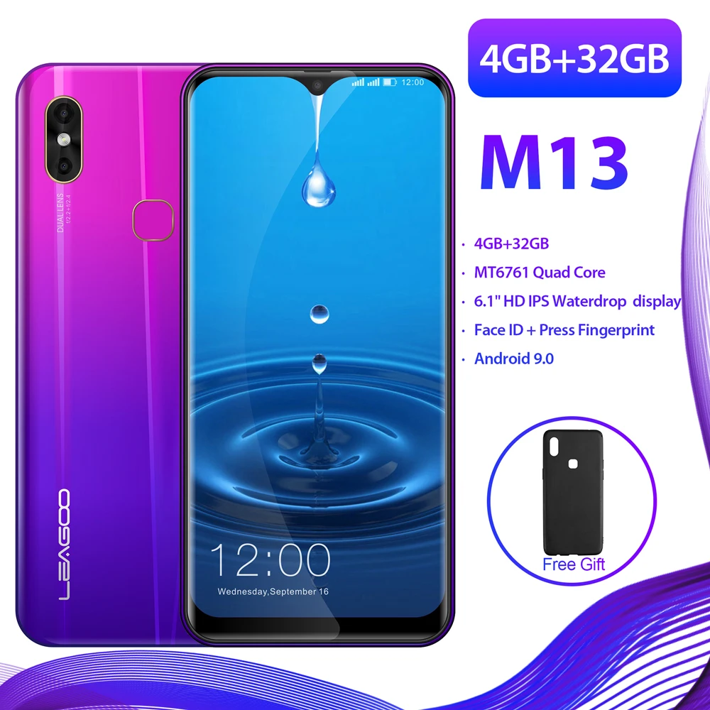 LEAGOO M13 Android 9,0 6,1 "в виде капли воды, смартфон 4 Гб Оперативная память 32 GB Встроенная память MT6761 4 ядра, определение отпечатка пальца ID лица с