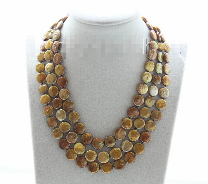 

Hot sale A>adjustable 15.5"-17.5" 3row 12mm coin fastener coffee pearls necklace j9507 a