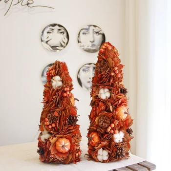 

Autumn Fall Decor Dried Floral Artifical Tree Natural Leaves Pumpkin Harvest Decoration Tree Pine Cone Tabletop Christmas Tree