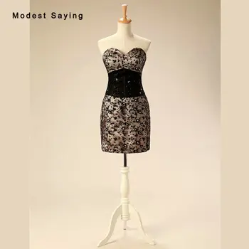 

New Arrival 2017 Sexy Black Beaded Lace Mini Cocktail Dresses for Girls Formal Short Party Prom Gowns with Sweetheart Neckline