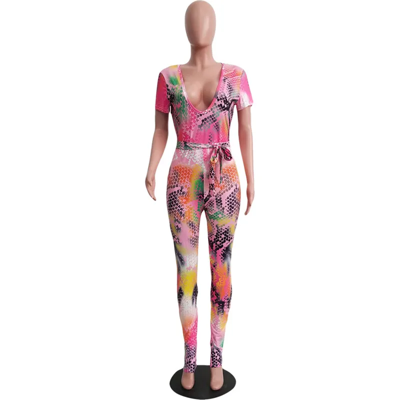 Adogirl Tie Tye Snakeskin Print Bandage Jumpsuit Women Sexy V Neck Short Sleeve Slim Romper Night Club Party Overalls Bodysuits Adogirl Tie Tye Snakeskin Print Bandage Jumpsuit Women Sexy V Neck Short Sleeve Slim Romper Night Club Party Overalls Bodysuits