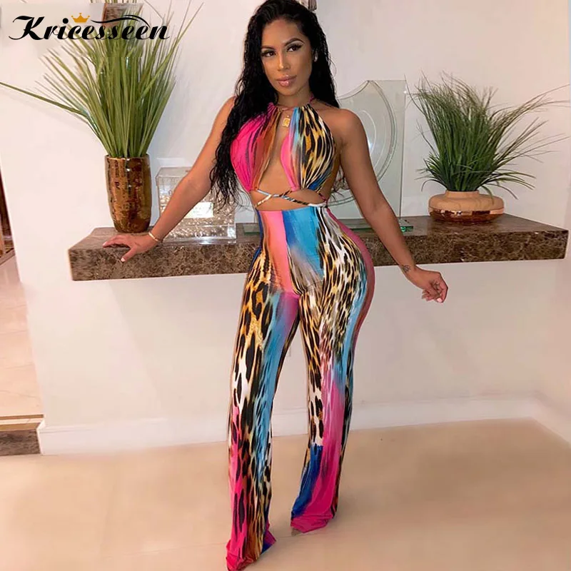 

Kricesseen Sexy Print Lace Up Cut Out Skinny Jumpsuit Women Backless Bandage Rompers Clubwear Long Pants Jumpsuit