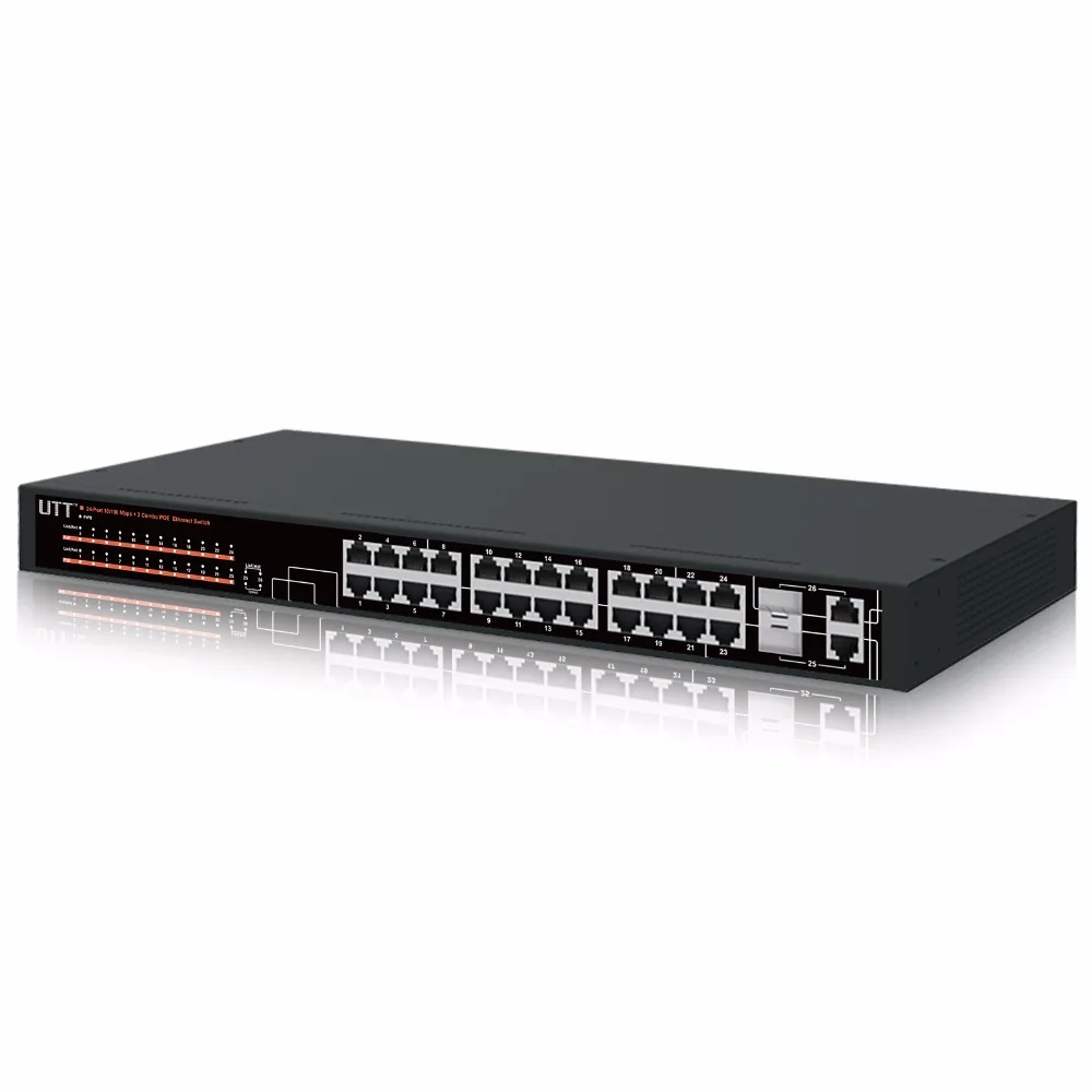 UTT S1242P 24-портов неуправляемый Fast ethernet POE коммутатор, 24 портов POE 260 Вт, 802.3af/at, плюс 2 GE Комбинированных Портов