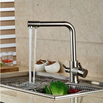 

Uythner Modern Swivel Dual Spouts Brushed Nickle Bathroom Kitchen Faucet Single Hole Tap