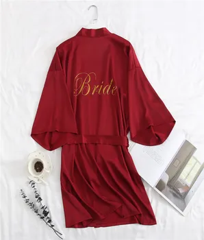

Wedding Gift Charming Bride&Bridesmaid Dressing Gown Embroidery Women Robes Satin Sleepwear Casual Kimono Bathrobe Nightgown