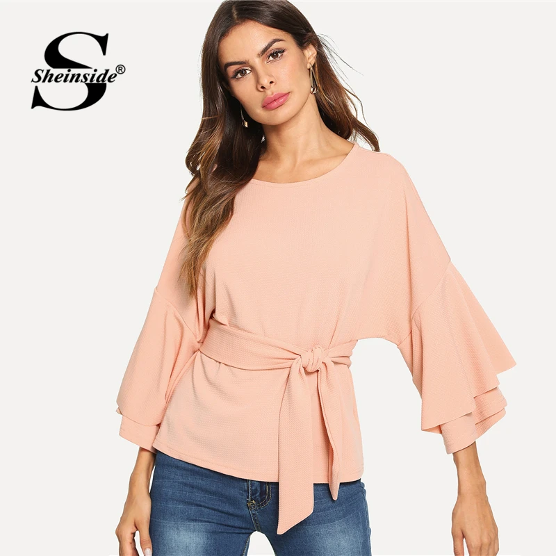 Sheinside Pink Butterfly Ruffle Sleeve Belted Casual Blouse Women Tie Front Solid Womens Tops and Blouses Elegant Autumn Top Blouses