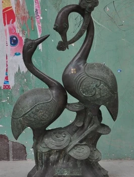 

25" old chinese fengshui bronze pine tree animal crane bird Lovers Couple statue