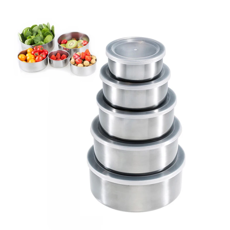 

5pcs/set Stainless Steel Crisper Mixing Bowls Food Container 5 Bowls with 5 Lids For Kitchen Tools Spice Storage Bottle